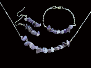 A handmade amethyst chip bar necklace accompanied by a matching bracelet and a pair of dangle earrings. shades of purple - Jewelry Sets - Amethyst Jewelry Set - Necklace Set - EMF Protection 