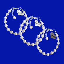 Load image into Gallery viewer, Sister Bracelets For 3 - Sister Gift - Pearl Bracelets - 3 handmade silver accented pearl charm bracelets for the little, middle and big sisters, white or custom color