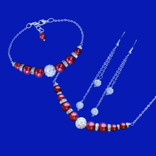 Load image into Gallery viewer, Jewelry Sets - Pearl Sets - Bridesmaid Gifts - handmade pearl and crystal bar necklace accompanied by a matching bracelet and a pair of multi-strand crystal drop earrings, bordeaux red or custom color
