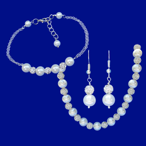 handmade pearl and crystal necklace accompanied by a bar bracelet and a pair of drop earrings, white and silver clear or custom color - Bridesmaid Jewelry - Jewelry Sets - Necklace Set