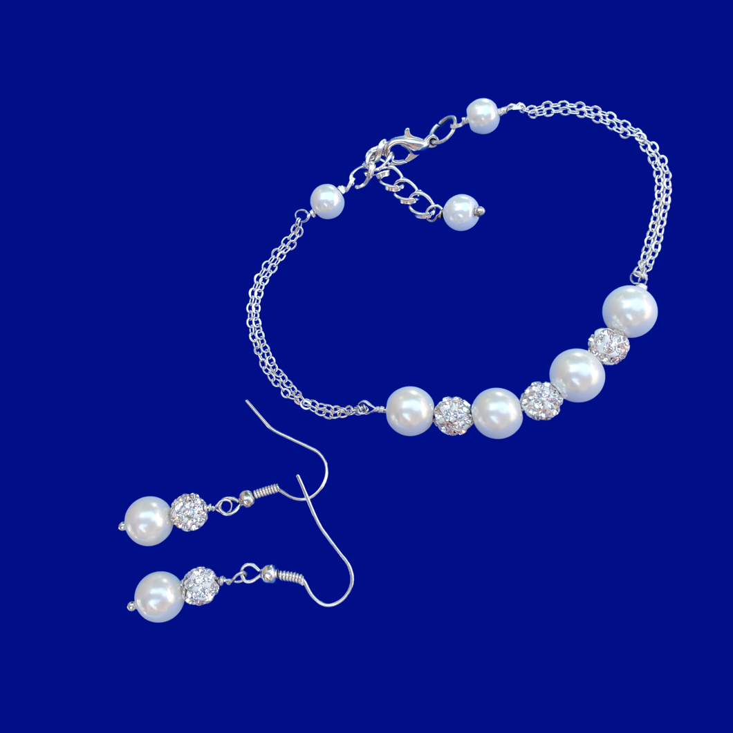 Bridesmaid Gift Ideas - Bracelet Sets - Pearl Set - handmade pearl and crystal bar bracelet accompanied by a pair of drop earrings, white and silver or custom color