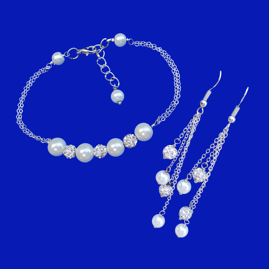 Pearl Jewelry Set - Bracelet Sets, handmade pearl and crystal bar bracelet accompanied by a pair of multi-strand drop earrings, white or custom color