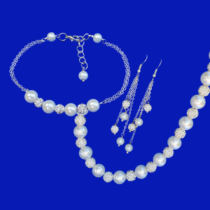 Wedding Sets - Jewelry Sets - Necklace Set - handmade pearl and crystal necklace accompanied by a bar bracelet and a pair of multi-strand drop earrings, white and silver or silver and custom color