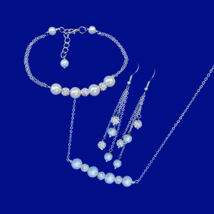Necklace Set - Pearl Jewelry Set - Jewelry Set, handmade peal and crystal bar necklace accompanied by a matching bracelet and a pair of multi-strand drop earrings, white or custom color