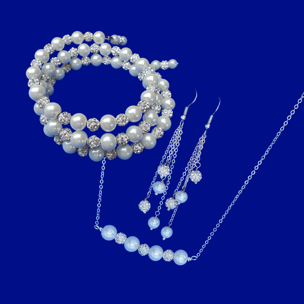 Pearl Set - Jewelry Sets - Bridesmaid Gifts - handmade pearl and crystal bar necklace accompanied by an expandable, multi-layer, wrap bracelet and a pair of multi-strand drop earrings, white and silver clear or silver clear and custom color