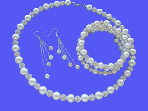 Pearl Jewelry Set - Necklace Set - Jewelry Set, handmade pearl and crystal necklace accompanied by an expandable, multi-layer, wrap bracelet and a pair of multi-strand drop earrings, white and silver clear or custom color