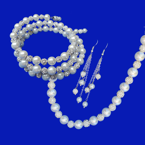 Pearl Jewelry Set - Necklace Set - Jewelry Set, handmade pearl and crystal necklace accompanied by an expandable, multi-layer, wrap bracelet and a pair of multi-strand drop earrings, white and silver clear or custom color
