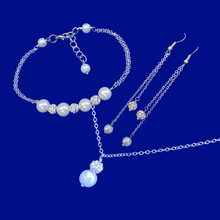 Load image into Gallery viewer, handmade pearl and crystal drop necklace accompanied by a bar bracelet and a pair of multi-strand drop earrings, white or custom color - Jewelry Sets - Necklace Set - Pearl Set