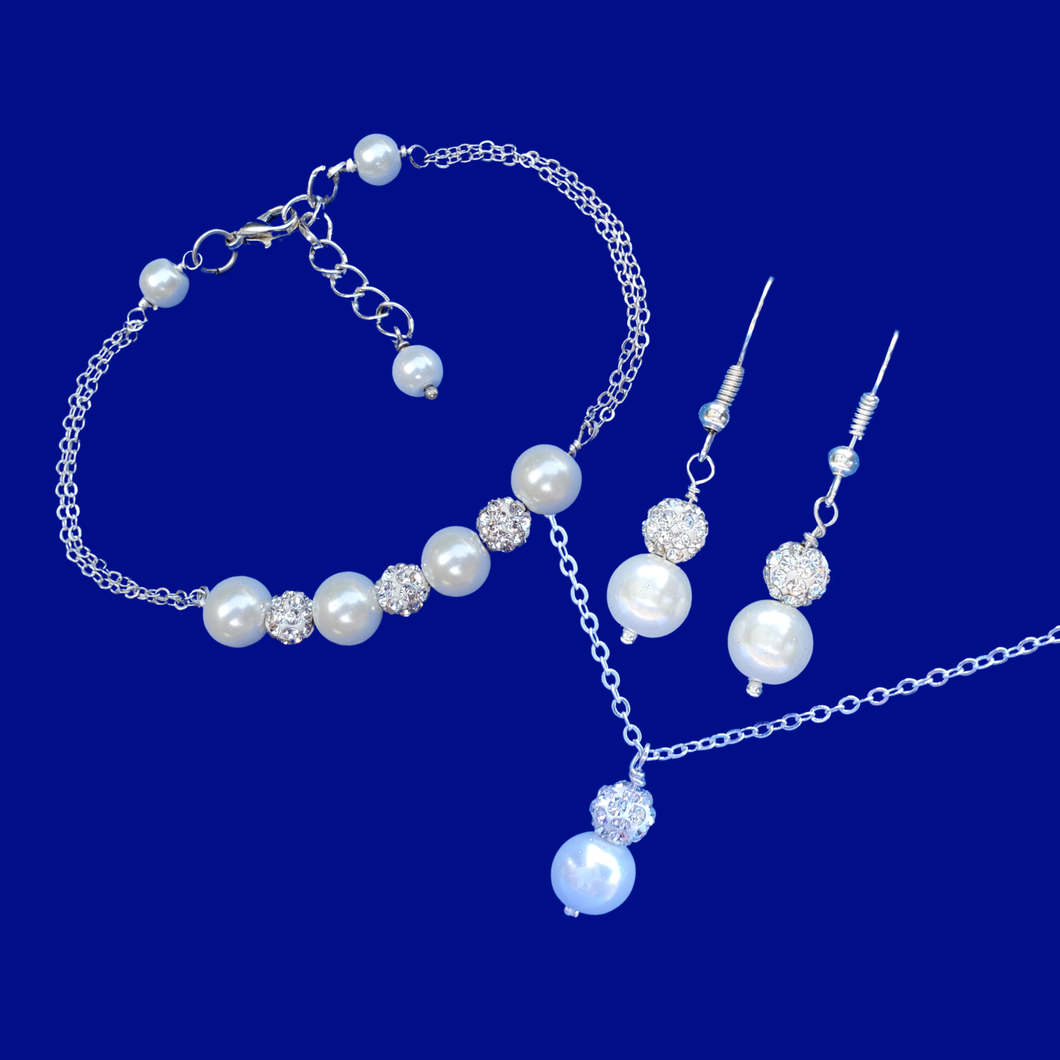 Pearl Jewelry Set - Jewelry Sets, handmade pearl and crystal drop necklace accompanied by a bar bracelet and a pair of drop earrings. white and silver or custom color