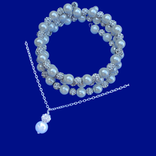 Load image into Gallery viewer, Bridal Sets - Pearl Set - Necklace And Bracelet Set, handmade pearl and crystal expandable, multi-layer, wrap bracelet accompanied by a drop necklace, white or custom color
