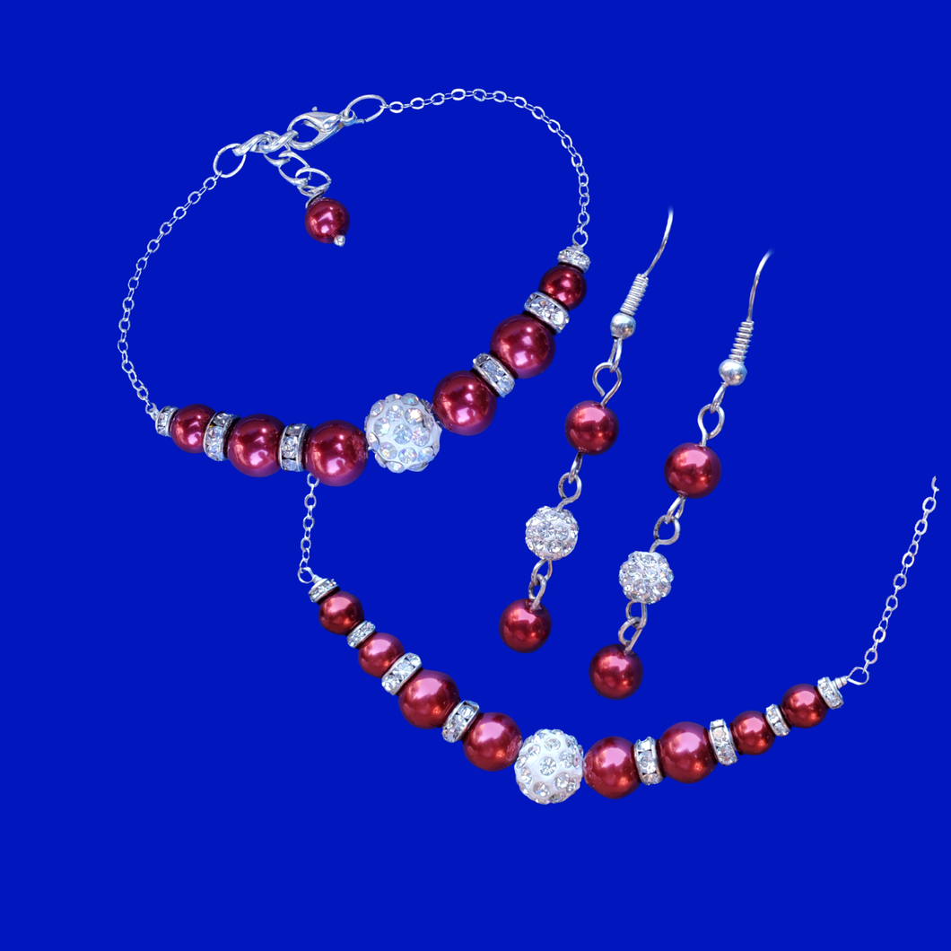 Necklace Set - Bridesmaid Gifts - Jewelry Sets - handmade pearl and crystal bar necklace accompanied by a matching bracelet and a pair of drop earrings, red and silver or custom color