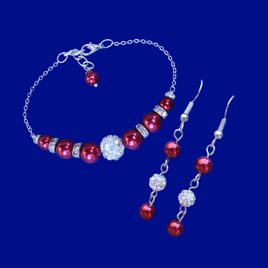 Bracelet Sets - Bridal Sets - Pearl Set - handmade pearl and crystal bar bracelet and drop earring jewelry set, bordeaux red or custom color