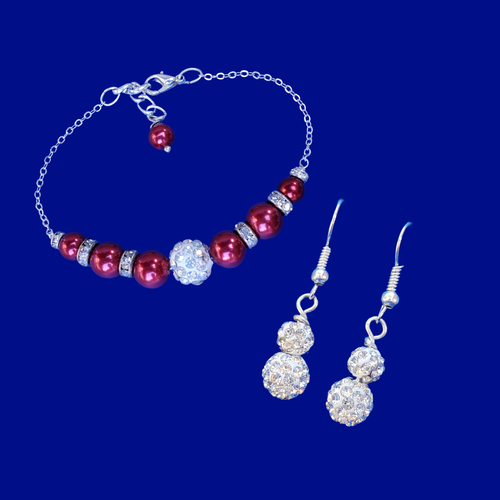 handmade pearl and crystal bar bracelet accompanied by a pair of crystal earrings, red or custom color - Bracelet Sets - Bridesmaid Jewelry - Bridal Sets