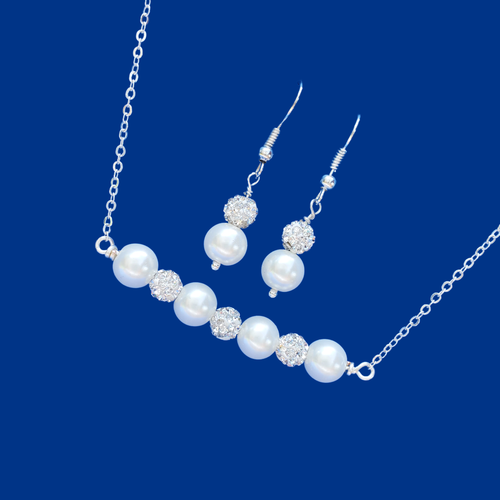 Necklace Set - Earring Sets - Necklace And Earring Set, handmade pearl and crystal bar necklace accompanied by a pair of drop earrings, white or custom color