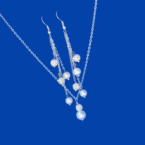 A handmade pearl and crystal drop necklace accompanied by a pair of multi-strand drop earrings. Silver and white or silver and custom color