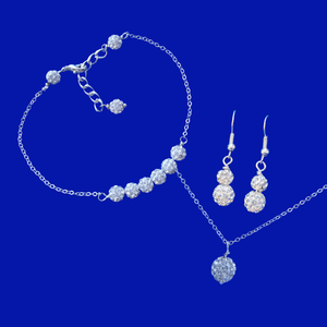 handmade crystal drop necklace accompanied by a bar bracelet and a pair of drop earrings, silver clear - Bridal Sets - Jewelry Set - Necklace Set