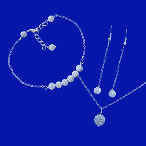 handmade pave crystal drop necklace accompanied by a bar bracelet and a pair of drop earrings, silver clear or custom color