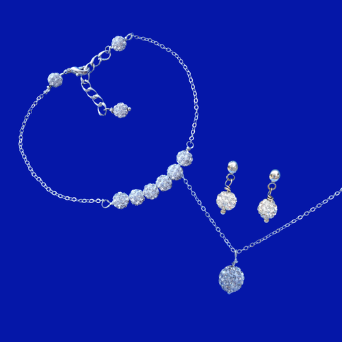 Pave Crystal Rhinestone Drop Necklace Bar Bracelet Stud Earring Jewelry Set, silver clear or custom color - Jewelry Sets - Necklace Set - Bridal Gifts