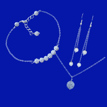 Load image into Gallery viewer, Gifts For Bridesmaids - Jewelry Sets - Bridal Sets - sparkling crystal drop necklace accompanied by a bar bracelet and multi-strand drop earrings, silver clear or custom color