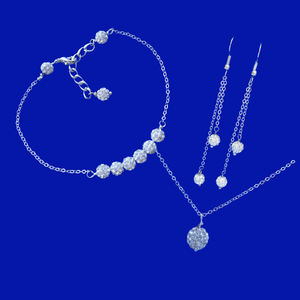 Gifts For Bridesmaids - Jewelry Sets - Bridal Sets - sparkling crystal drop necklace accompanied by a bar bracelet and multi-strand drop earrings, silver clear or custom color