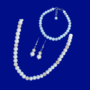handmade pearl and crystal necklace accompanied by a matching bracelet and drop earrings