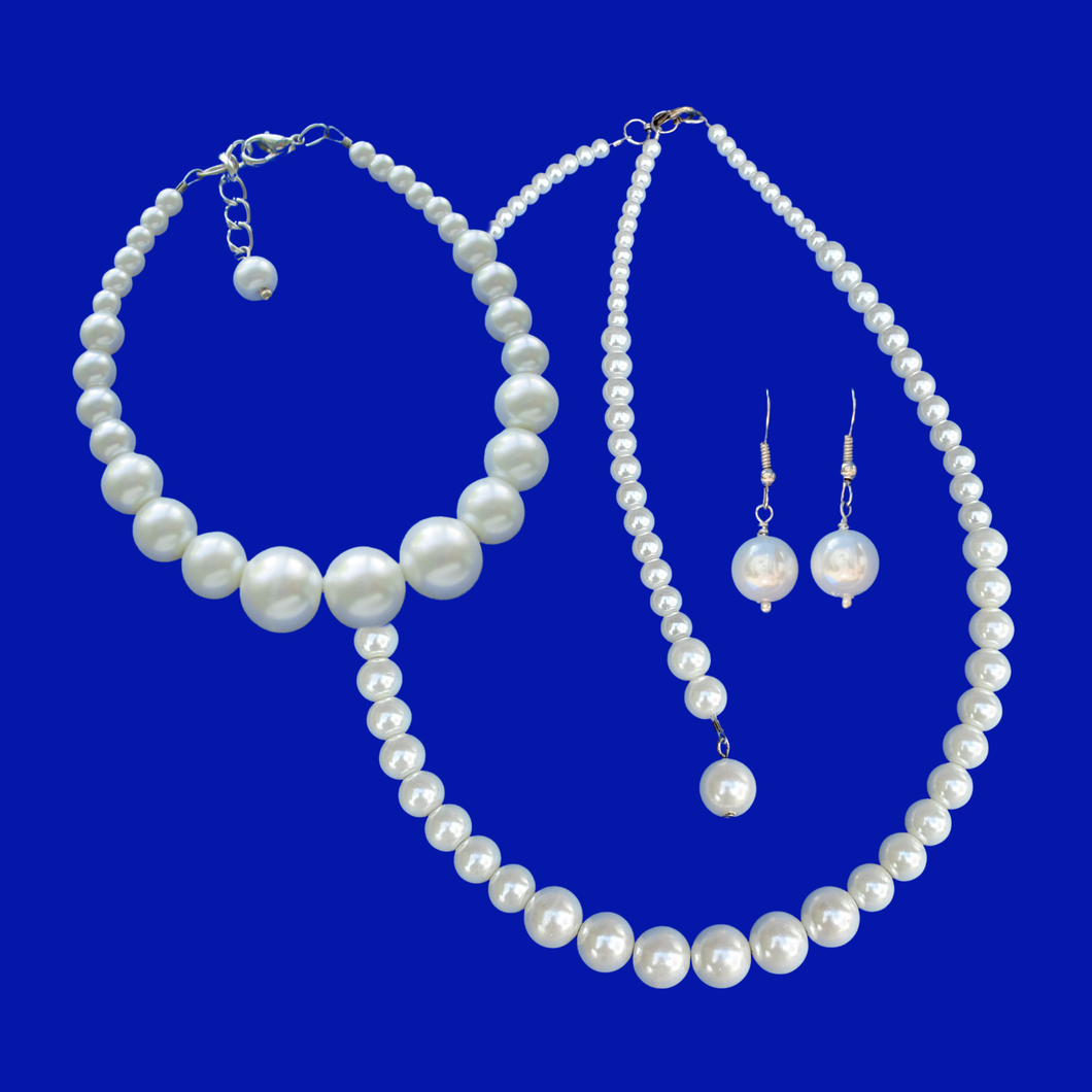 Pearl Set - Wedding Sets - Jewelry Sets - handmade backdrop pearl necklace accompanied by a matching bracelet and a pair of earrings, white or custom color