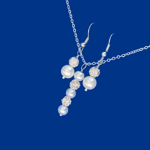 handmade pearl and crystal drop necklace accompanied by a pair of drop earrings, white and silver clear or custom color - Necklace And Earring Set - Gifts For Bridesmaids