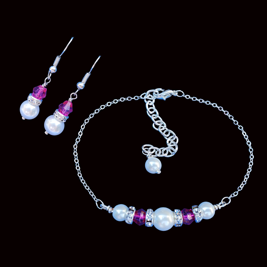 Bracelet Sets - Wedding Sets - Pearl Jewelry Set - pearl crystal bar bracelet drop earring jewelry set, white rose red or custom color