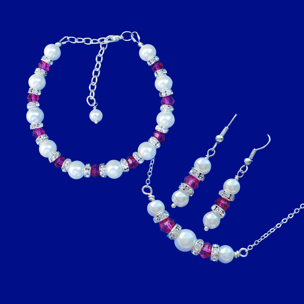 Pearl Set - Good Bridal Gifts - Jewelry Sets - handmade pearl and crystal bar necklace accompanied by a bracelet and a pair of drop earrings, white and pink or custom color