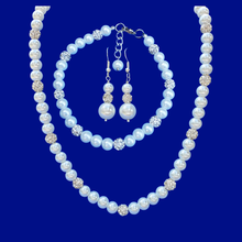 Load image into Gallery viewer, Handmade pearl and pave crystal rhinestone necklace with a 6 inch backdrop accompanied by a matching bracelet and a pair of drop earrings - white or custom color - Pearl Jewelry Set - Jewelry Sets