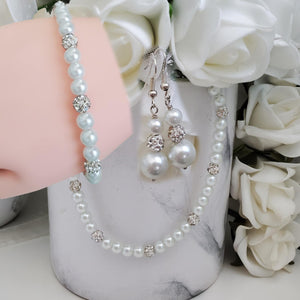 Handmade pearl and pave crystal rhinestone necklace with a 6 inch backdrop accompanied by a matching bracelet and a pair of drop earrings - white or custom color - Pearl Jewelry Set - Jewelry Sets