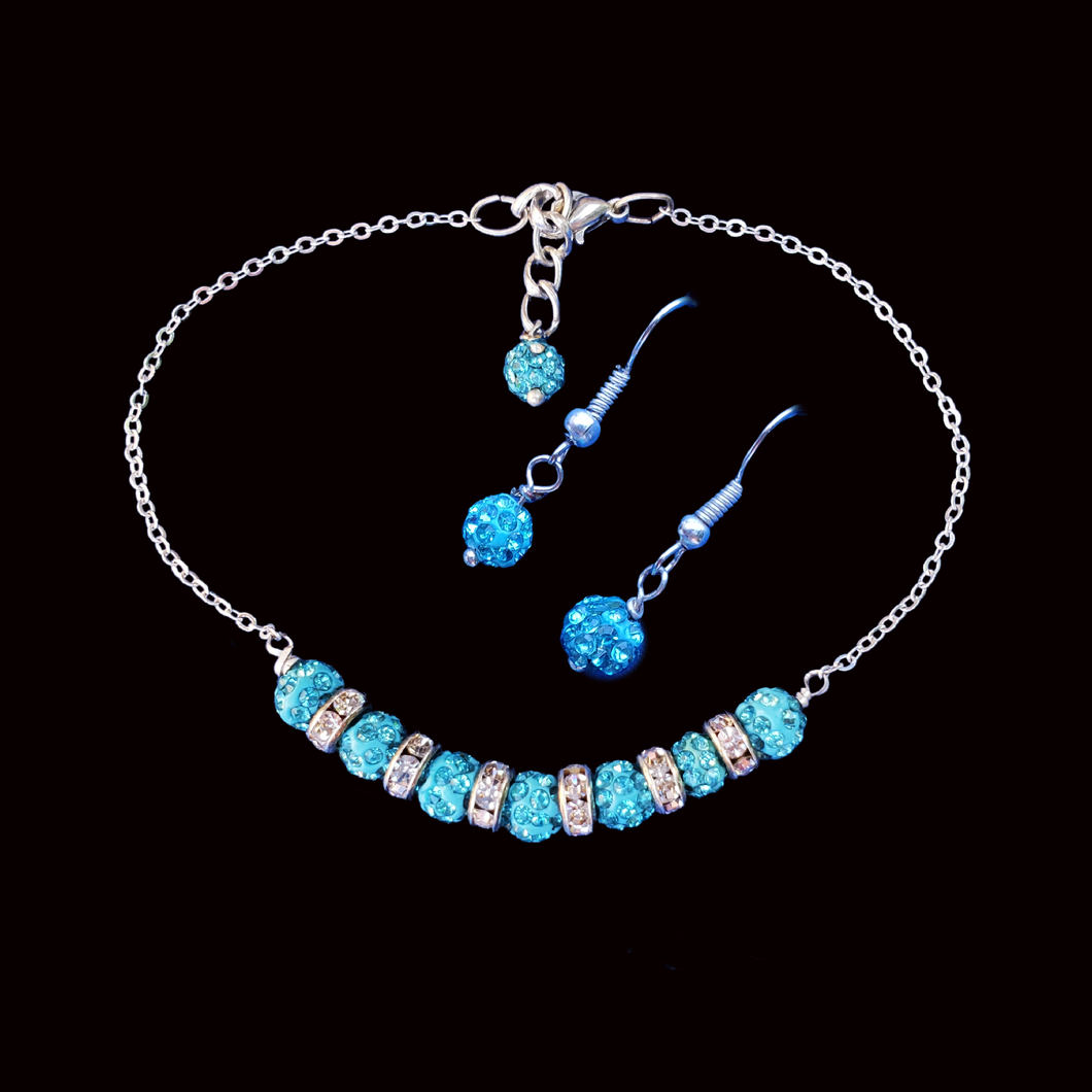 Bracelet Sets - Bridal Sets - Jewelry Sets, crystal bar bracelet earring jewelry set, aquamarine blue or custom color