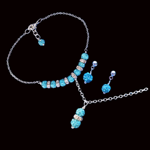 Necklace Set - Stud Earrings Set - Jewelry Set, handmade crystal drop necklace accompanied by a bar bracelet and a pair of earrings, aquamarine blue or custom color