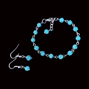 Handmade pave crystal rhinestone link bracelet accompanied by a pair of dangle earrings - aquamarine blue or custom color - Bridal Jewelry Set - Bracelet Sets - Wedding Sets 