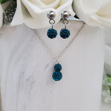 Load image into Gallery viewer, Handmade pave crystal rhinestone drop necklace accompanied by a pair of dangle stud earrings - blue zircon or custom color - Necklace And Earrings Set - Maid of Honor Gift