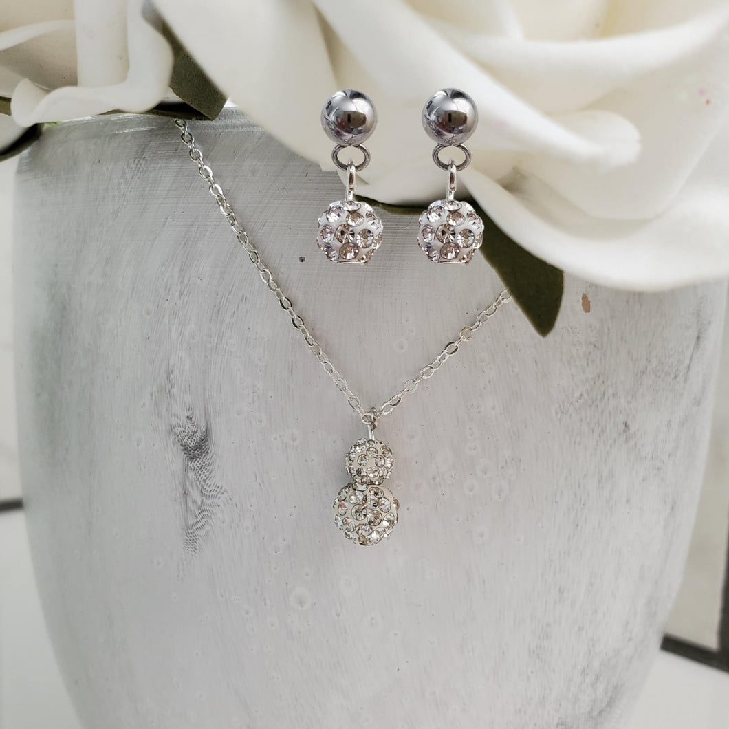 Handmade pave crystal rhinestone drop necklace accompanied by a pair of dangle stud earrings - silver clear or custom color - Necklace And Earrings Set - Maid of Honor Gift