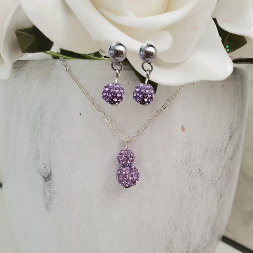 Handmade pave crystal rhinestone drop necklace accompanied by a pair of dangle stud earrings - violet or custom color - Necklace And Earrings Set - Maid of Honor Gift