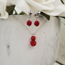 Load image into Gallery viewer, Handmade pave crystal rhinestone drop necklace accompanied by a pair of dangle stud earrings - light siam (red) or custom color - Necklace And Earrings Set - Maid of Honor Gift