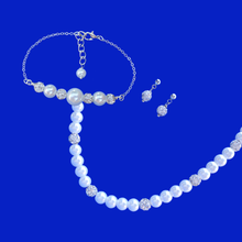 Load image into Gallery viewer, Bridal Sets - Necklace Set - Jewelry Set, handmade pearl and crystal necklace accompanied by a bar bracelet and stud crystal earrings, white or custom color
