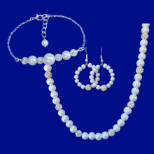 Load image into Gallery viewer, Jewelry Sets - Necklace Set - Wedding Sets - handmade pearl and crystal necklace accompanied by a bar bracelet and a pair of hoop earrings, white or custom color