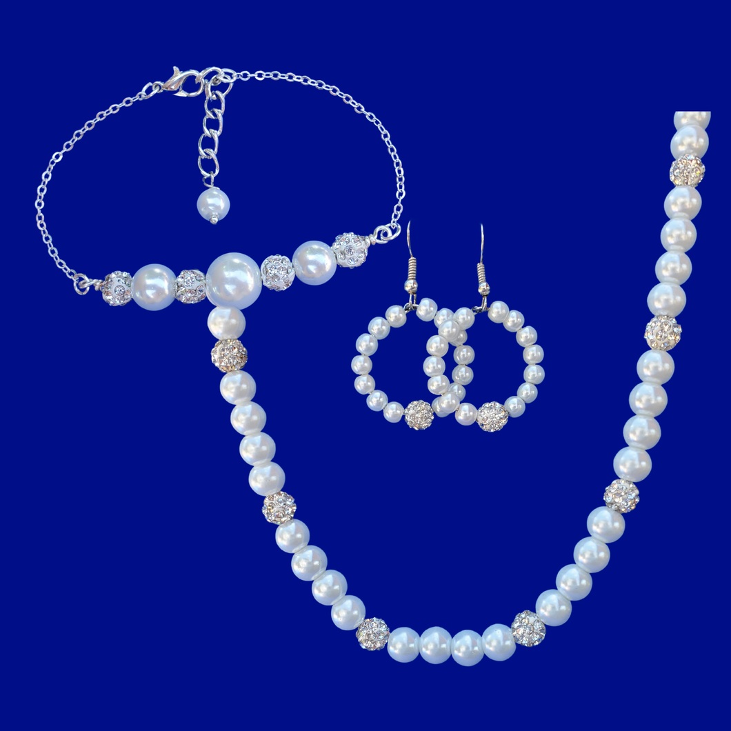 Jewelry Sets - Necklace Set - Wedding Sets - handmade pearl and crystal necklace accompanied by a bar bracelet and a pair of hoop earrings, white or custom color