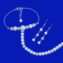 Load image into Gallery viewer, Bridal Sets - Necklace Set - Jewelry Sets, handmade pearl and crystal necklace accompanied by a bar bracelet and a pair of matching drop earrings, white or custom color