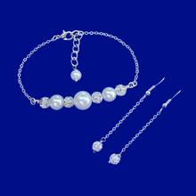 Load image into Gallery viewer, Pearl Set - Bracelet Sets - Bridal Party Gifts - handmade pearl and crystal bar bracelet accompanied by a pair of crystal drop earrings, white and silver clear or silver clear and custom color