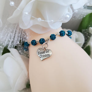 Handmade Sister of the Groom pave crystal rhinestone link charm bracelet - blue zircon or custom color - Sister of the Groom Bracelet - Bridal Bracelet
