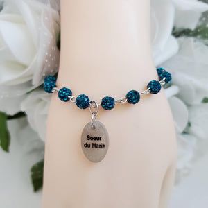 Handmade Sister of the Groom pave crystal rhinestone link charm bracelet - blue zircon or custom color - Sister of the Groom Bracelet - Bridal Bracelet