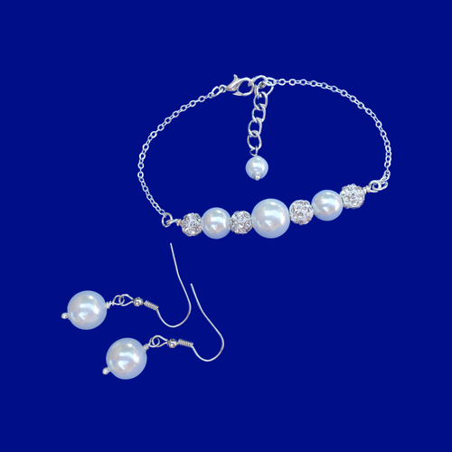Pearl Set - Bracelet Set - Earring Set, handmade pearl and crystal bar bracelet and a pair of pearl drop earrings, white or custom color