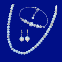 Load image into Gallery viewer, handmade pearl and crystal necklace accompanied by a bar bracelet and a pair of pearl earrings - Bridesmaid Gift Ideas - Jewelry Set - Pearl Set