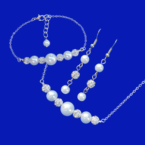 Jewelry Sets - Necklace Set - Pearl Set, handmade pearl and crystal bar necklace accompanied by a matching bar bracelet and a pair of drop earrings