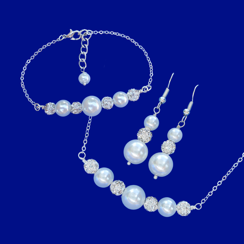 handmade pearl and crystal bar necklace accompanied by a bar bracelet and a matching pair of drop earrings. silver and custom color - Pearl Jewelry Set - Jewelry Set - Necklace Set