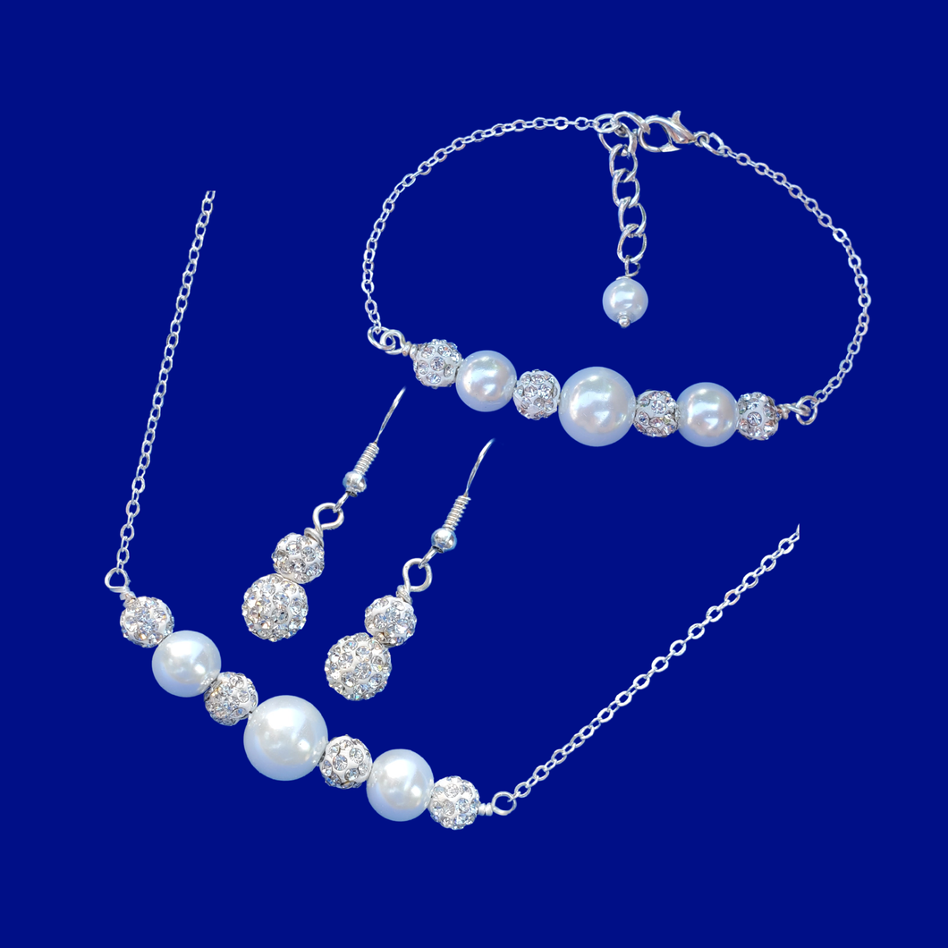 Pearl Jewelry Set - Necklace Set - Jewelry Set, handmade pearl and crystal bar necklace accompanied by a bar bracelet and a pair of crystal drop earrings, white and silver or custom color